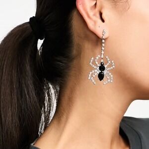 Halloween Silver & Black Spider  Bejeweled Rhinestone Drop Dangle Earrings Witch